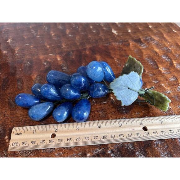 Vintage Blue Alabaster Marble Grapes Bunch Rare Carved Italy Green Stone Leaves - Picture 9 of 13